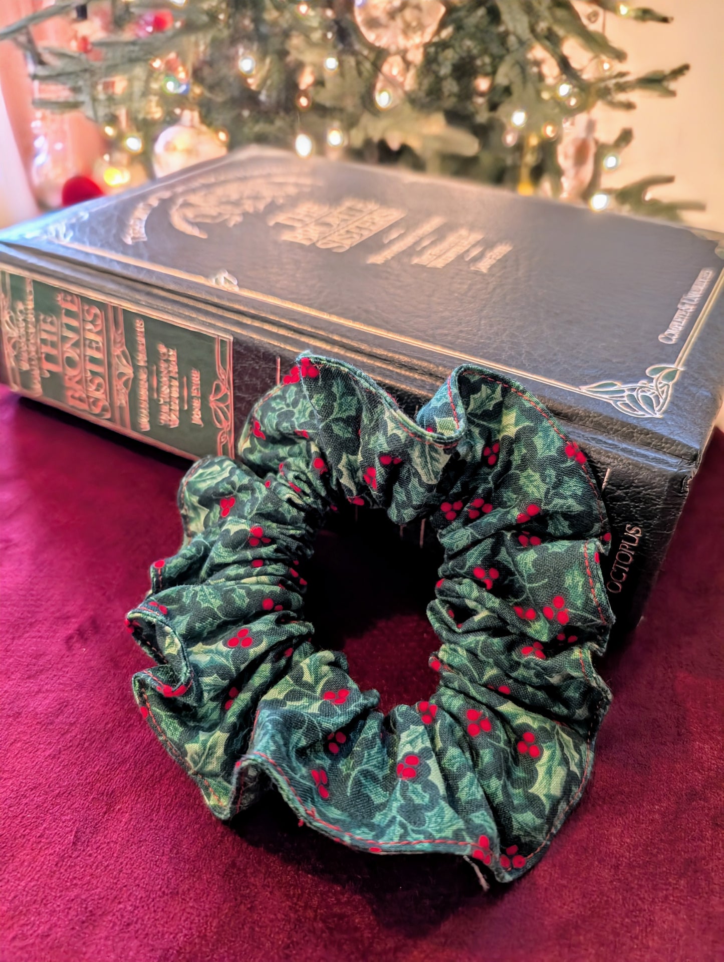 Christmas Green Vintage Holly Scrunchie