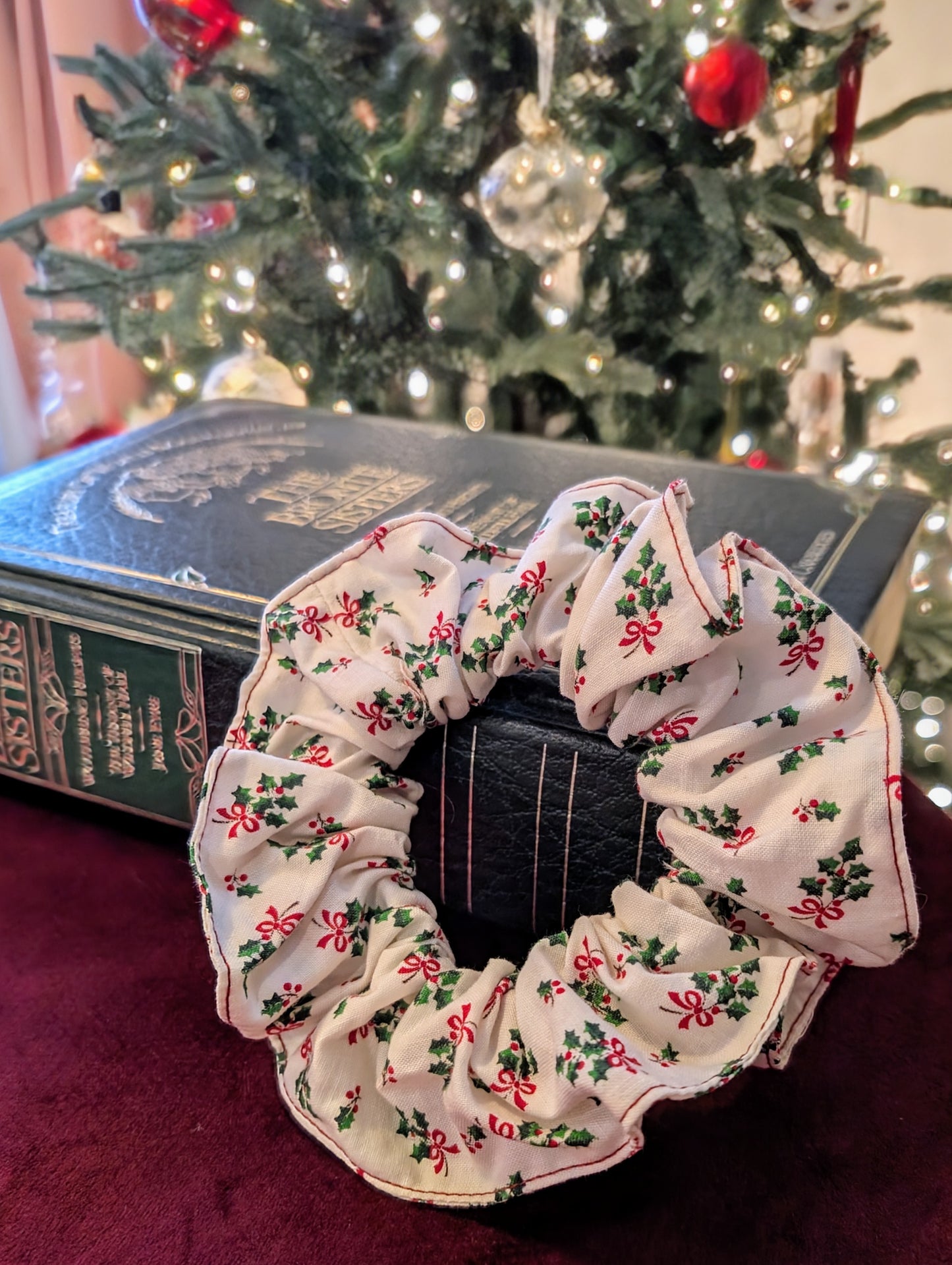 Christmas Holly and Bow Vintage Scrunchie